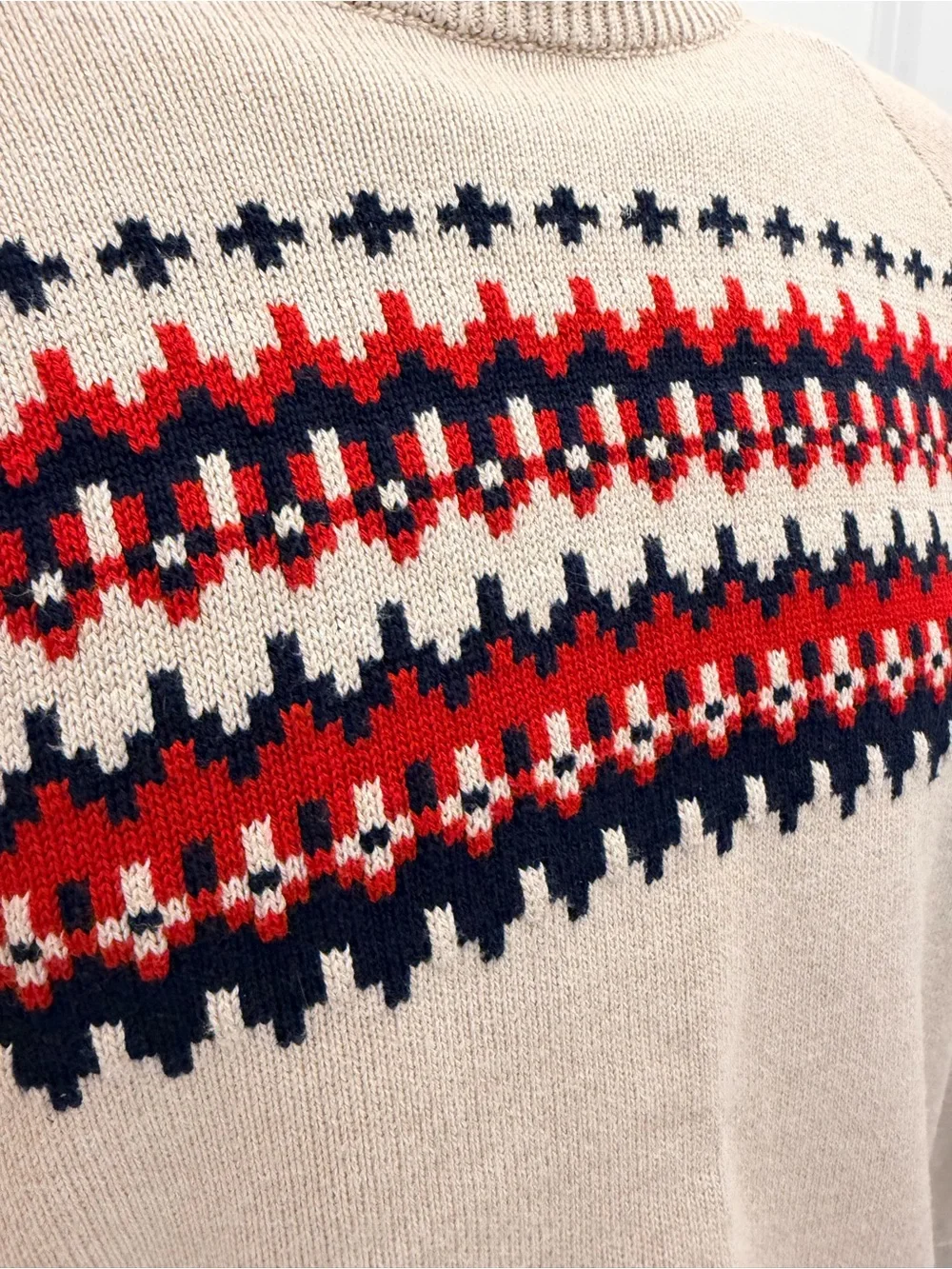 J. Crew Beige Crewneck Sweater with Red & Navy Fair Isle Yoke